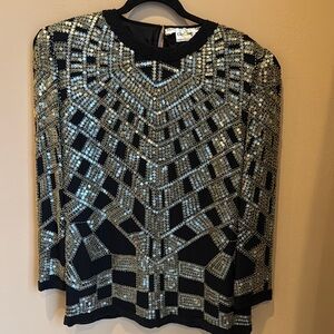 Oleg Cassini Black Top with light Gold Embellishments Vintage M Lined